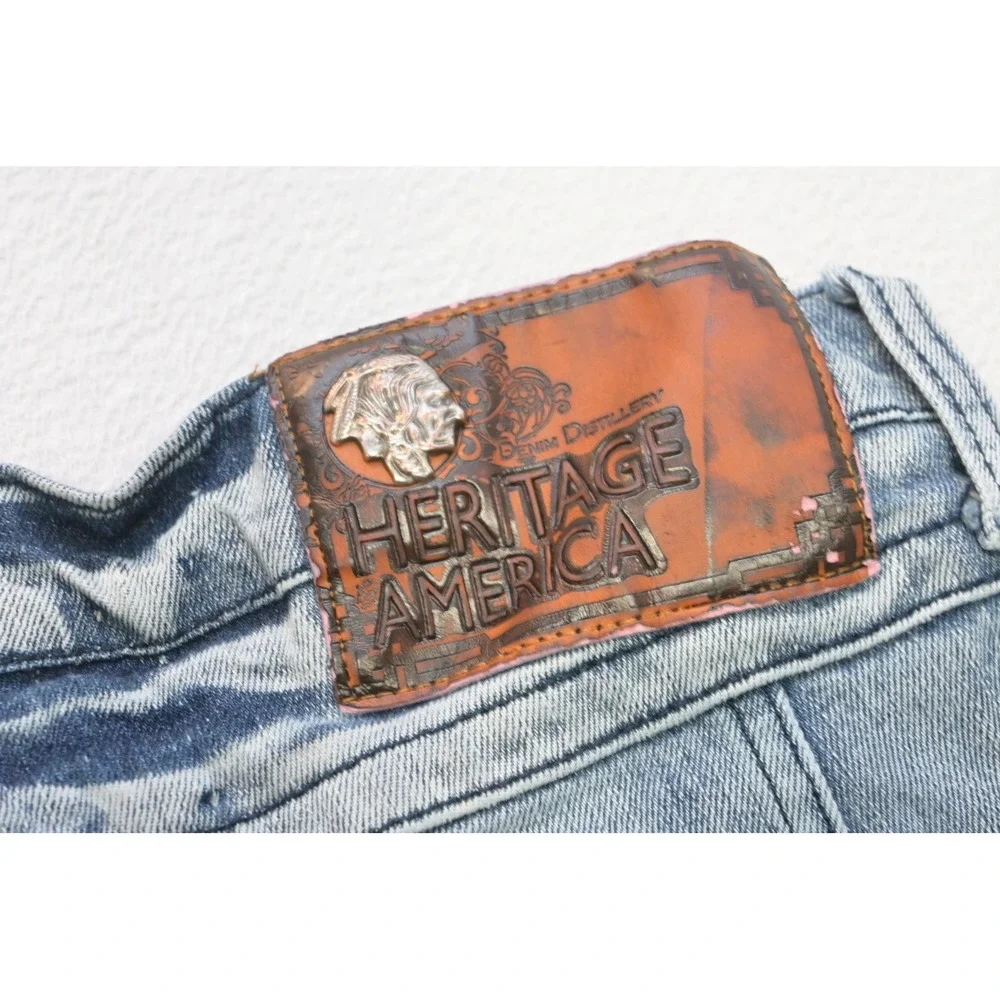 Heritage America Moto Jeans Mens 32x33 Blue Distressed Biker Slim Fit Excellent